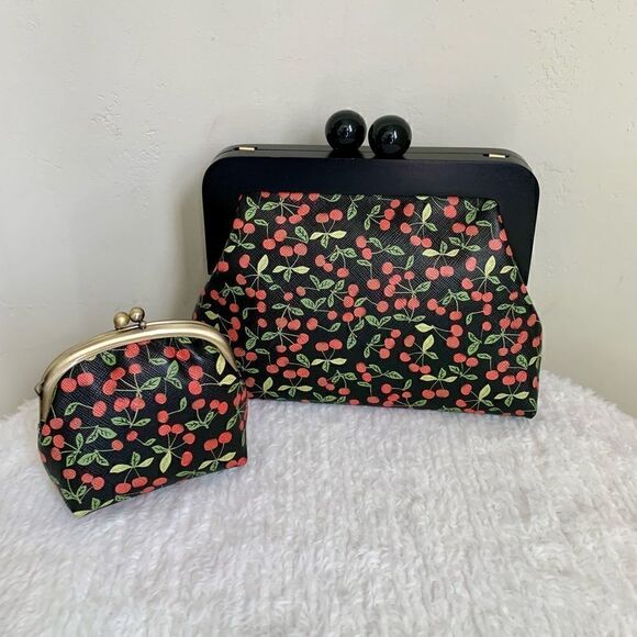 Handmade Genuine Leather Cherry Print Wooden Frame Bag/Crossbody & Small Purse